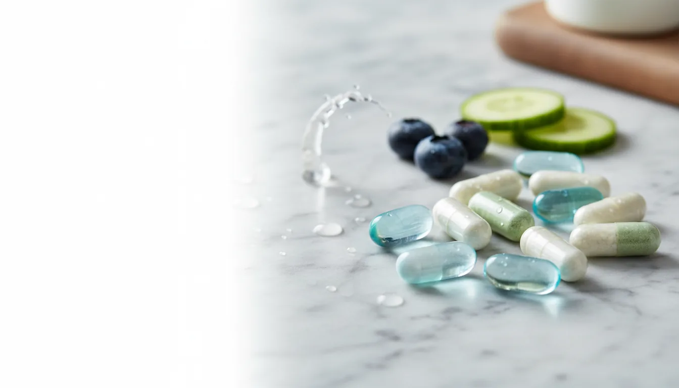 Weight-management supplement capsules, blueberries and cucumber on a marble kitchen counter